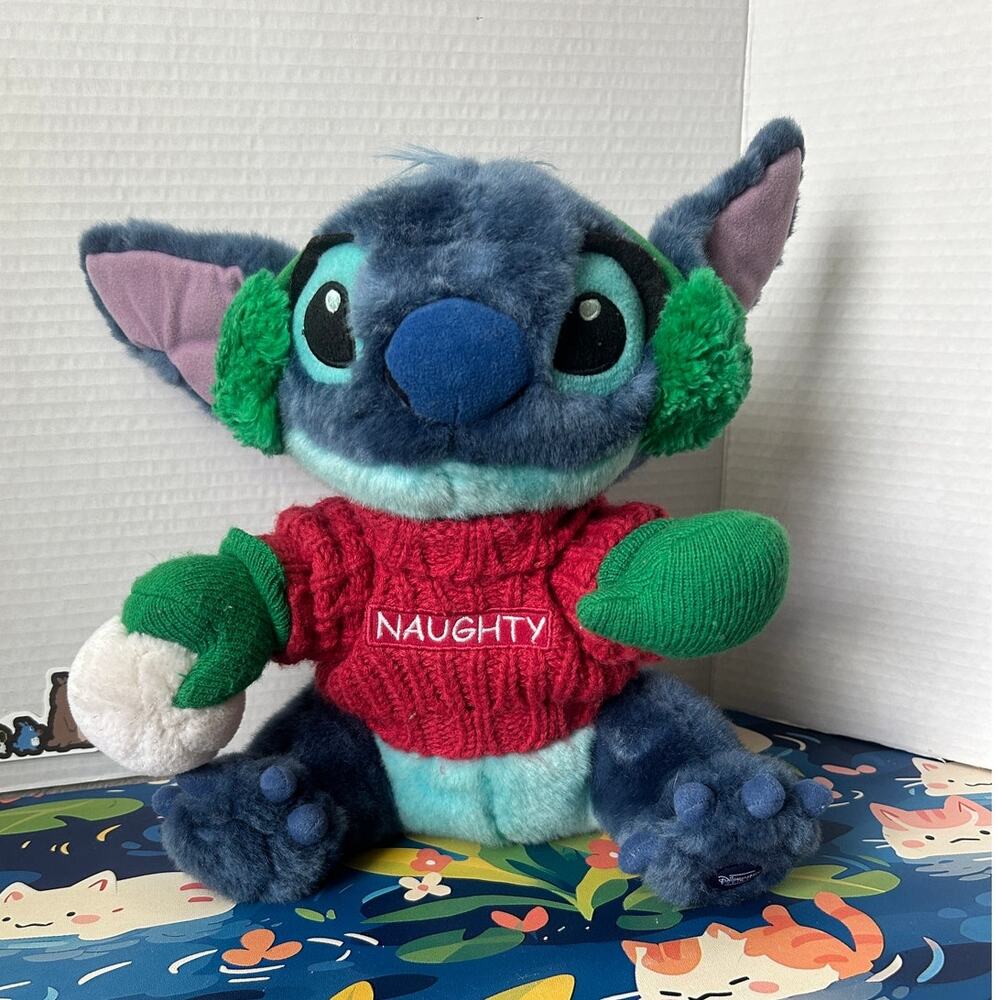 Disney Store Naughty Stitch Plush Red Sweater Earmuffs Snowball Stuffed Animal